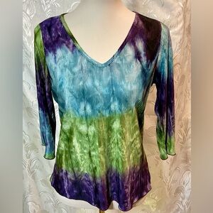 Carrie Allen Purple Green Blue Tie Dye 3/4 Sleeve V-neck Top